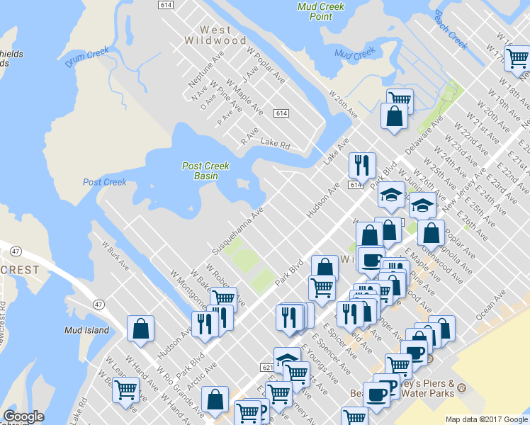 map of restaurants, bars, coffee shops, grocery stores, and more near 441 West Lincoln Avenue in Wildwood
