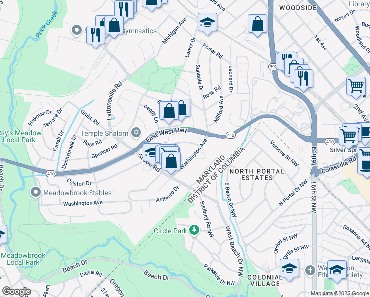 map of restaurants, bars, coffee shops, grocery stores, and more near 2208 Colston Drive in Silver Spring
