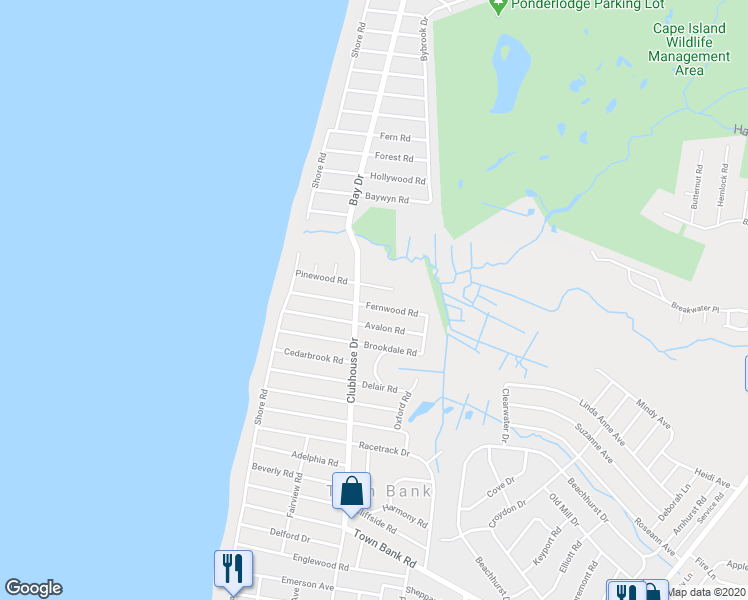 map of restaurants, bars, coffee shops, grocery stores, and more near 103 Fernwood Road in Cape May