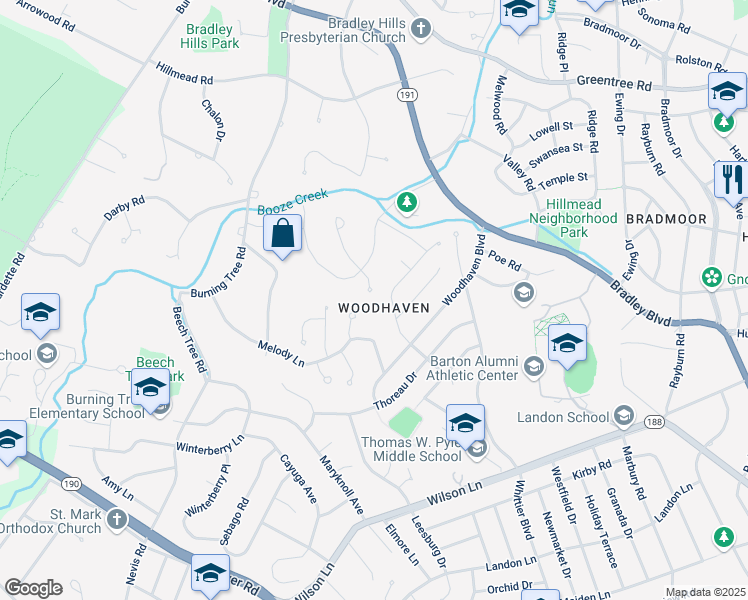 map of restaurants, bars, coffee shops, grocery stores, and more near 8400 Thornden Terrace in Bethesda
