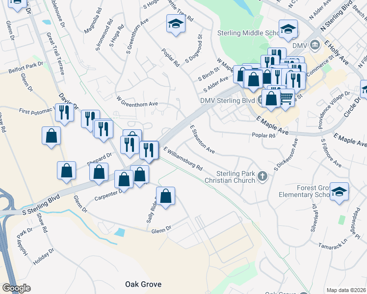 map of restaurants, bars, coffee shops, grocery stores, and more near 200 E Tazewell Rd in Sterling