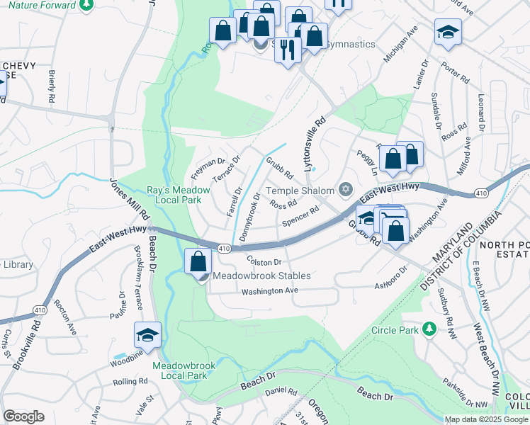 map of restaurants, bars, coffee shops, grocery stores, and more near 8411 Spencer Court in Chevy Chase