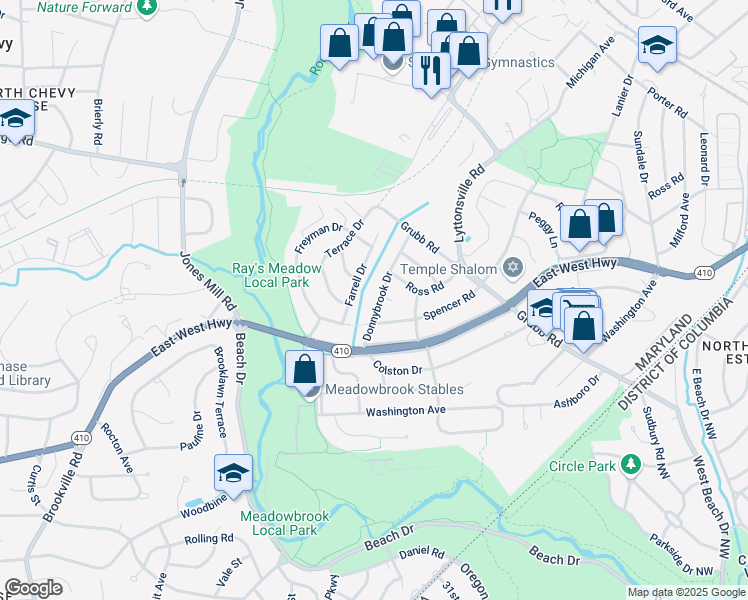 map of restaurants, bars, coffee shops, grocery stores, and more near 8408 Donnybrook Drive in Chevy Chase