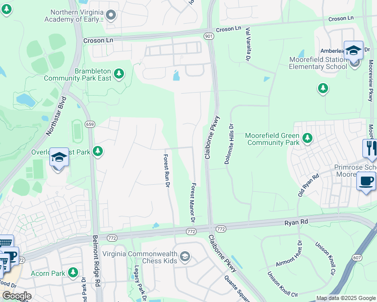 map of restaurants, bars, coffee shops, grocery stores, and more near 22511 Forest Manor Drive in Ashburn
