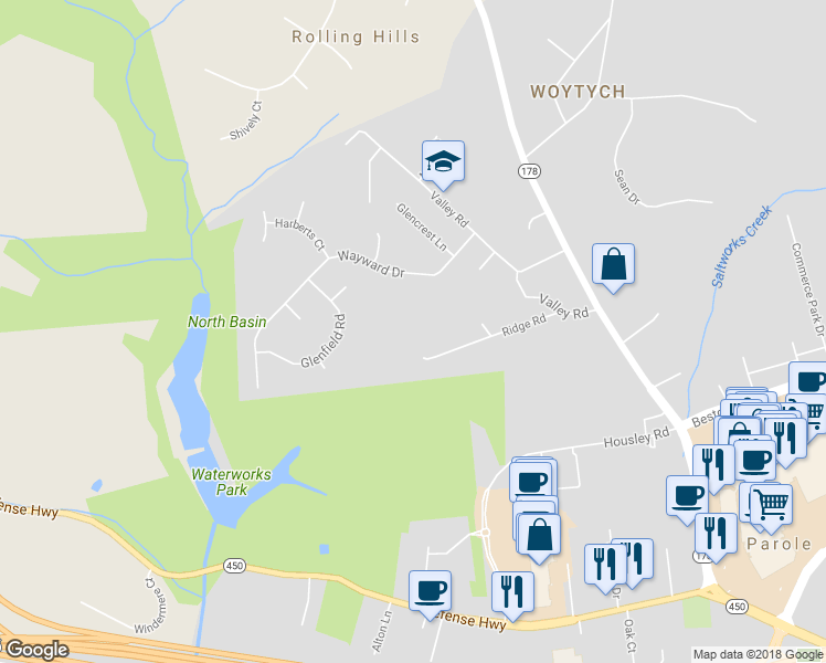 map of restaurants, bars, coffee shops, grocery stores, and more near 526 Ridge Road in Annapolis