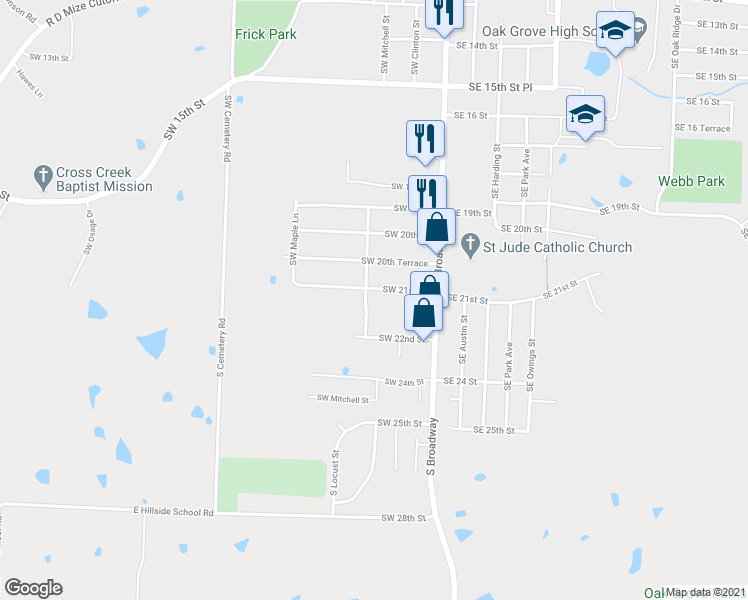 map of restaurants, bars, coffee shops, grocery stores, and more near 2201 Southwest Mitchell Street in Oak Grove