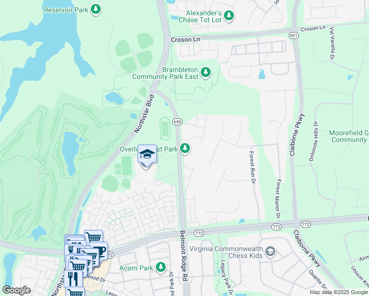 map of restaurants, bars, coffee shops, grocery stores, and more near 22522 Highcroft Terrace in Ashburn