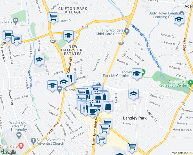 map of restaurants, bars, coffee shops, grocery stores, and more near 1133 Chickasaw Drive in Silver Spring