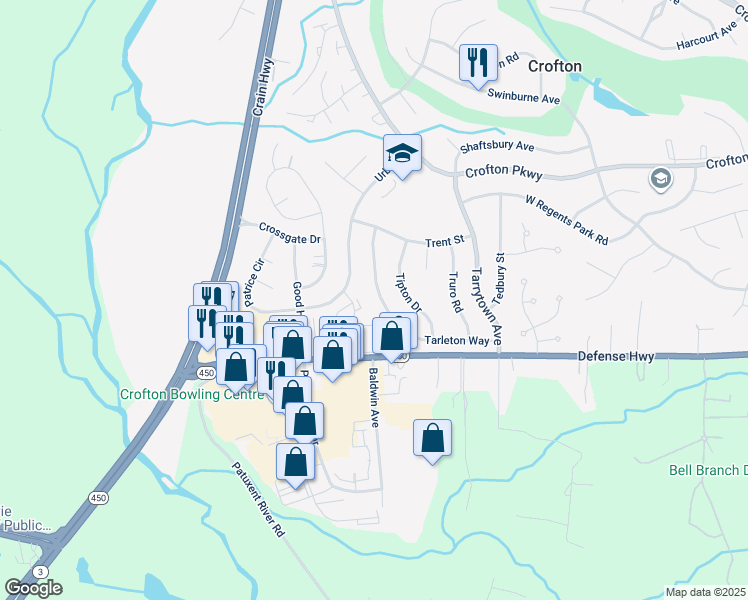 map of restaurants, bars, coffee shops, grocery stores, and more near 1715 Tarleton Way in Crofton