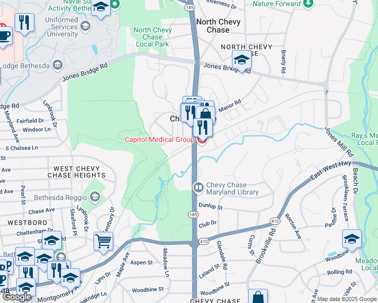 map of restaurants, bars, coffee shops, grocery stores, and more near 8402 Maryland 185 in Chevy Chase