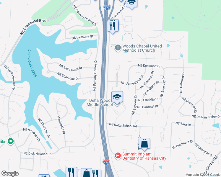 map of restaurants, bars, coffee shops, grocery stores, and more near 1056 Northeast Queens Court in Lee's Summit