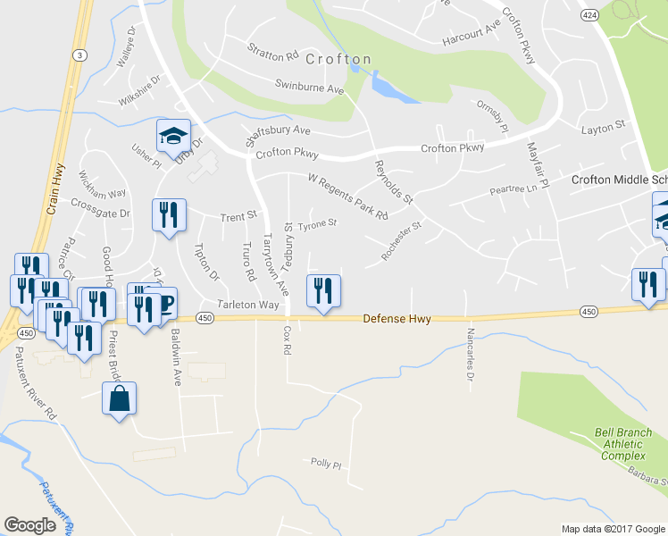 map of restaurants, bars, coffee shops, grocery stores, and more near 2916 Middlebridge Court in Crofton