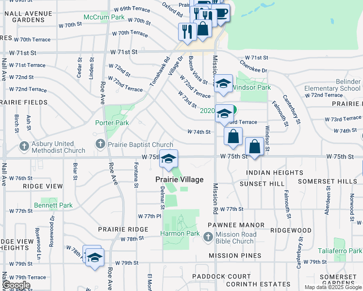map of restaurants, bars, coffee shops, grocery stores, and more near 4119 West 74th Terrace in Prairie Village