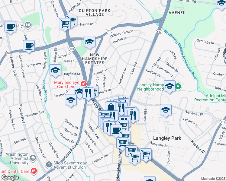 map of restaurants, bars, coffee shops, grocery stores, and more near 1107 Navahoe Drive in Silver Spring