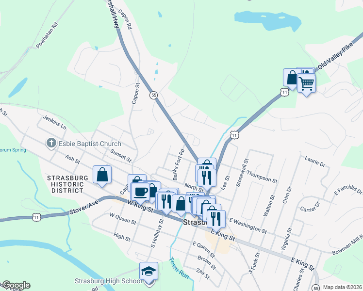 map of restaurants, bars, coffee shops, grocery stores, and more near 475 Banks Fort Road in Strasburg