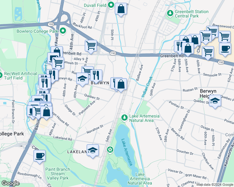 map of restaurants, bars, coffee shops, grocery stores, and more near 5105 Berwyn Road in College Park