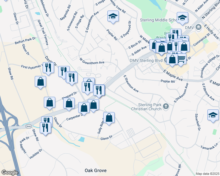 map of restaurants, bars, coffee shops, grocery stores, and more near 101 Williamsburg Road in Sterling