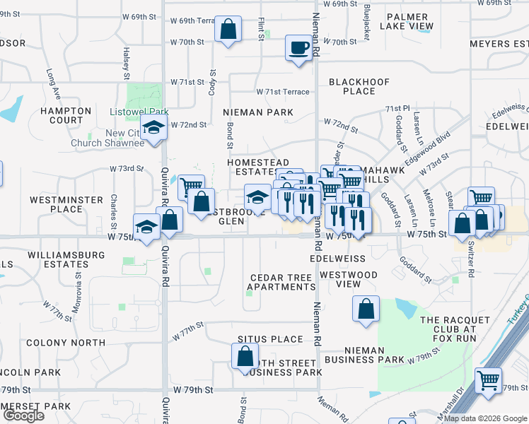 map of restaurants, bars, coffee shops, grocery stores, and more near 11230 West 75th Street in Overland Park