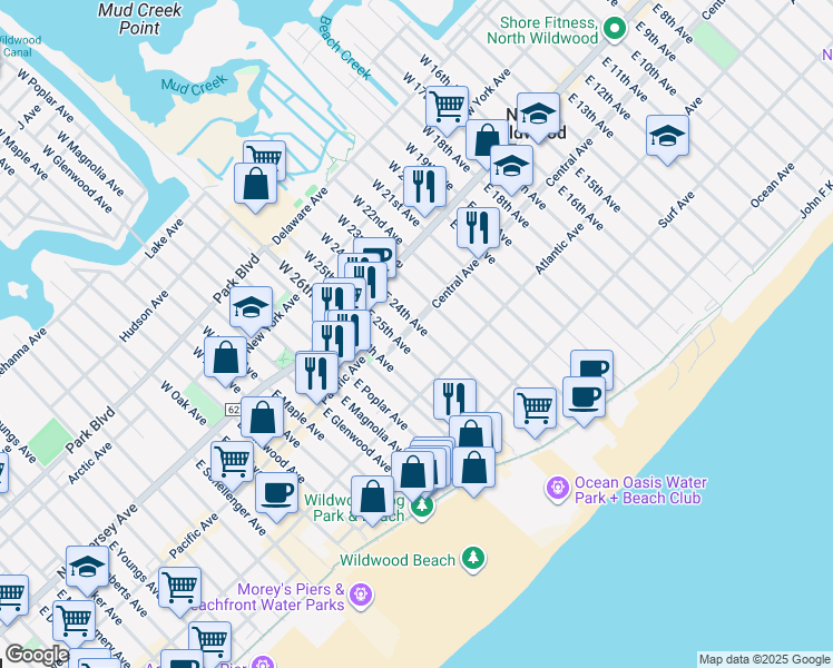 map of restaurants, bars, coffee shops, grocery stores, and more near 2410 Central Avenue in North Wildwood