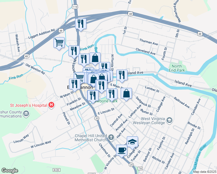 map of restaurants, bars, coffee shops, grocery stores, and more near 57-81 E Main St in Buckhannon
