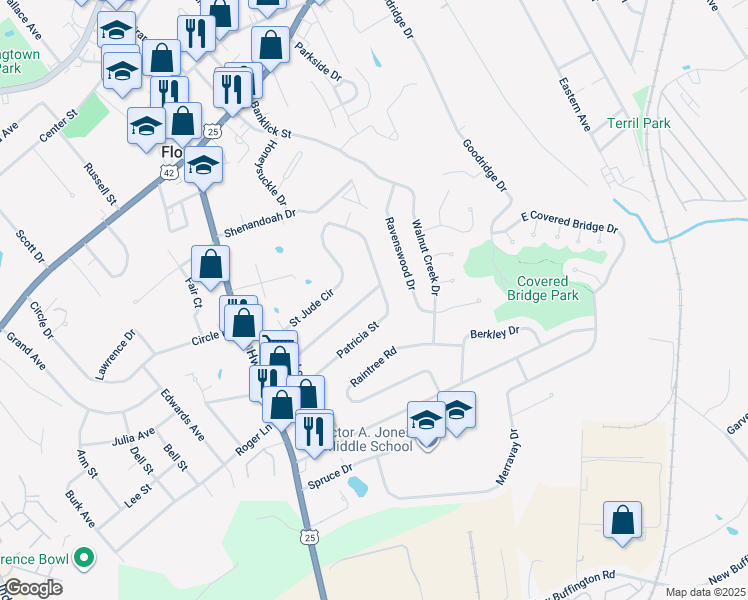 map of restaurants, bars, coffee shops, grocery stores, and more near 30 Saint Jude Circle in Florence