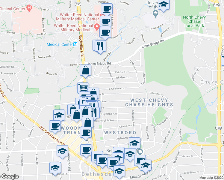 map of restaurants, bars, coffee shops, grocery stores, and more near 4608 South Chelsea Lane in Bethesda