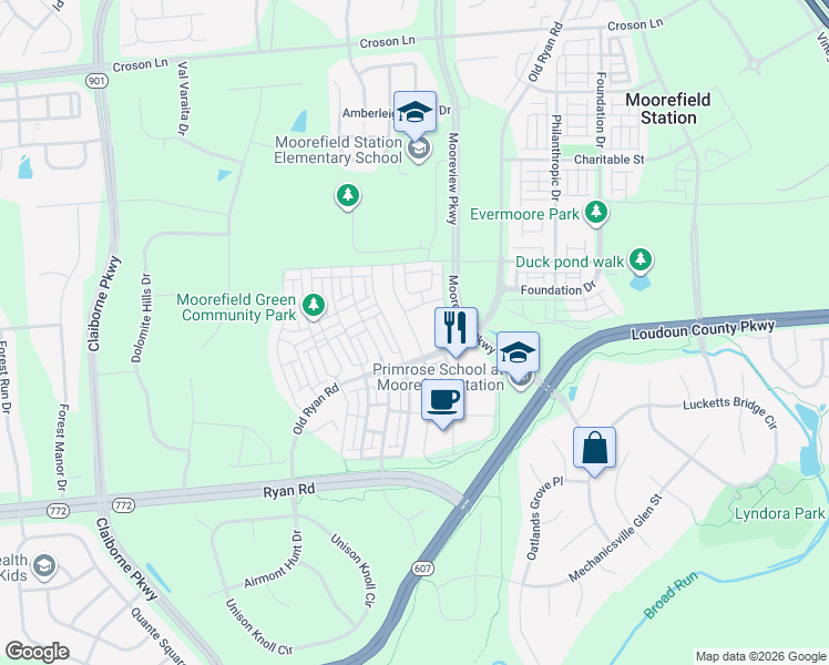 map of restaurants, bars, coffee shops, grocery stores, and more near 22560 Windsor Locks Square in Ashburn