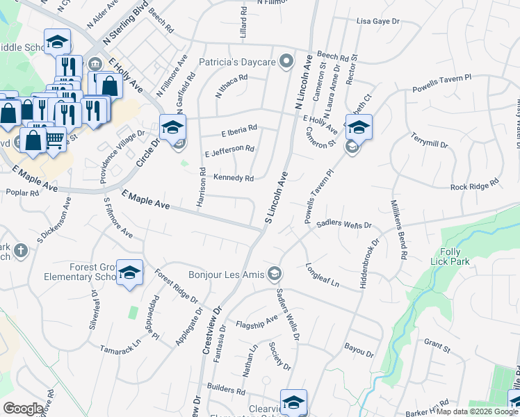 map of restaurants, bars, coffee shops, grocery stores, and more near 504 South Lee Road in Sterling