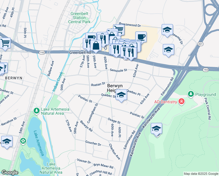 map of restaurants, bars, coffee shops, grocery stores, and more near in Berwyn Heights