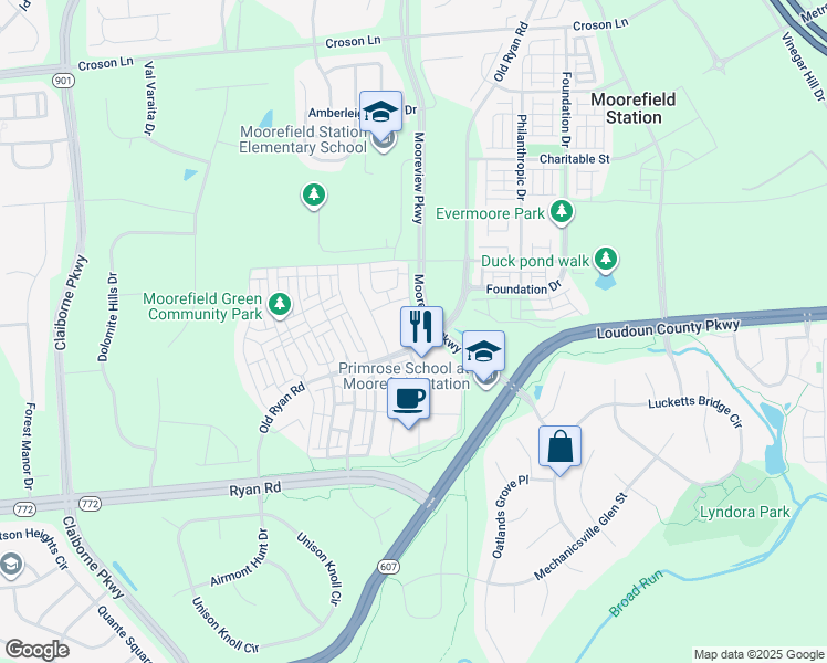 map of restaurants, bars, coffee shops, grocery stores, and more near 22555 Leanne Terrace in Ashburn