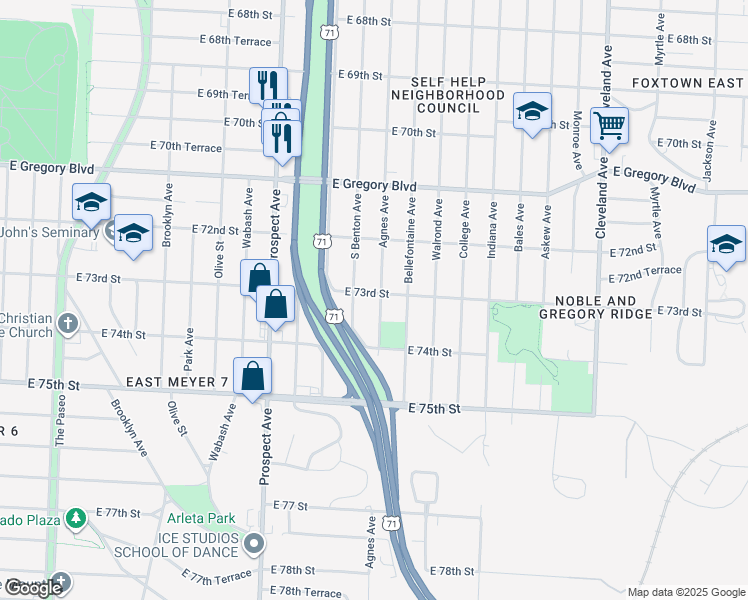 map of restaurants, bars, coffee shops, grocery stores, and more near 2925 East 73rd Street in Kansas City