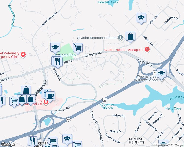 map of restaurants, bars, coffee shops, grocery stores, and more near 655 Burtons Cove Way in Annapolis