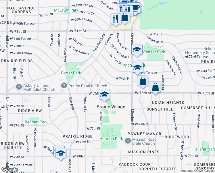 map of restaurants, bars, coffee shops, grocery stores, and more near 4119 West 74th Terrace in Prairie Village
