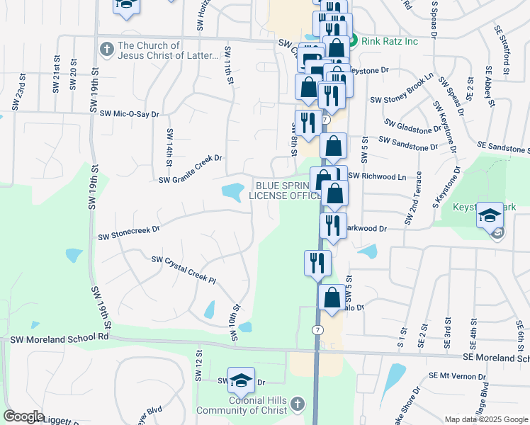 map of restaurants, bars, coffee shops, grocery stores, and more near 2501 Southwest Richwood Circle in Blue Springs