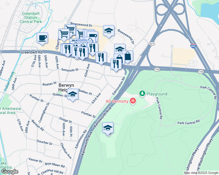map of restaurants, bars, coffee shops, grocery stores, and more near 6305 Tecumseh Place in Berwyn Heights