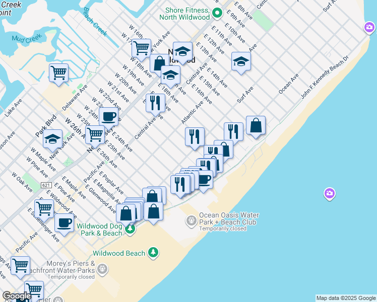 map of restaurants, bars, coffee shops, grocery stores, and more near 2002 Surf Avenue in North Wildwood