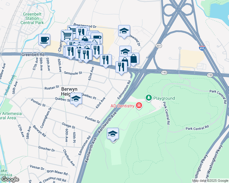 map of restaurants, bars, coffee shops, grocery stores, and more near 6305 Tecumseh Place in Berwyn Heights