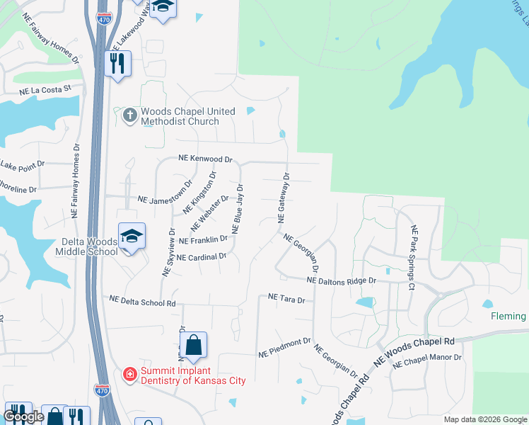 map of restaurants, bars, coffee shops, grocery stores, and more near 1316 Northeast Forest View Circle in Lee's Summit