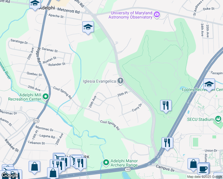 map of restaurants, bars, coffee shops, grocery stores, and more near 8505 Laverne Drive in Adelphi