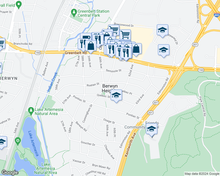 map of restaurants, bars, coffee shops, grocery stores, and more near 6106 Quebec Place in Berwyn Heights