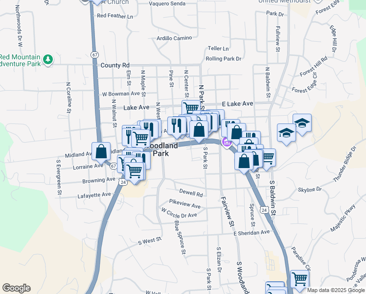 map of restaurants, bars, coffee shops, grocery stores, and more near 211 West Midland Avenue in Woodland Park