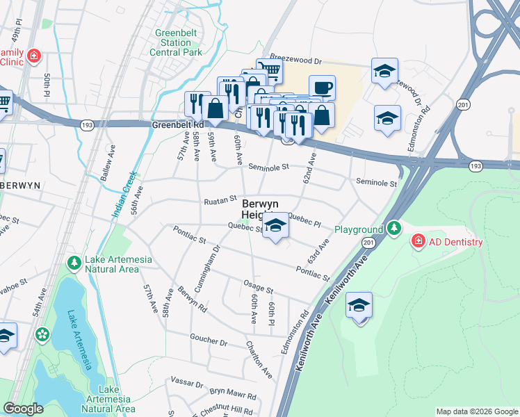 map of restaurants, bars, coffee shops, grocery stores, and more near 6106 Quebec Place in Berwyn Heights