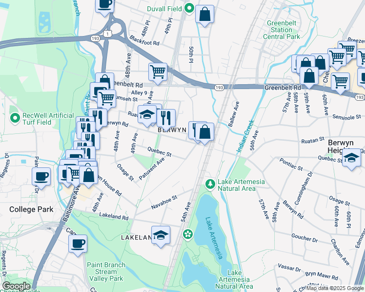 map of restaurants, bars, coffee shops, grocery stores, and more near 5063 Berwyn Road in College Park
