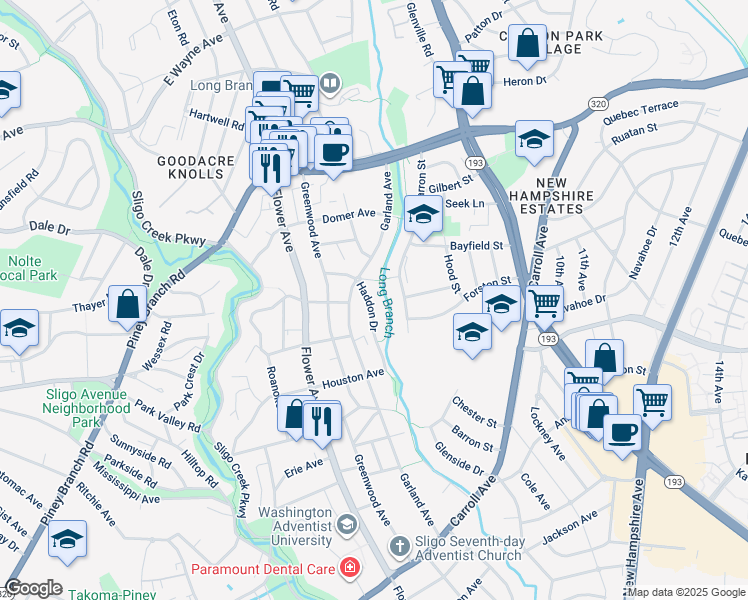 map of restaurants, bars, coffee shops, grocery stores, and more near 8317 Haddon Drive in Takoma Park
