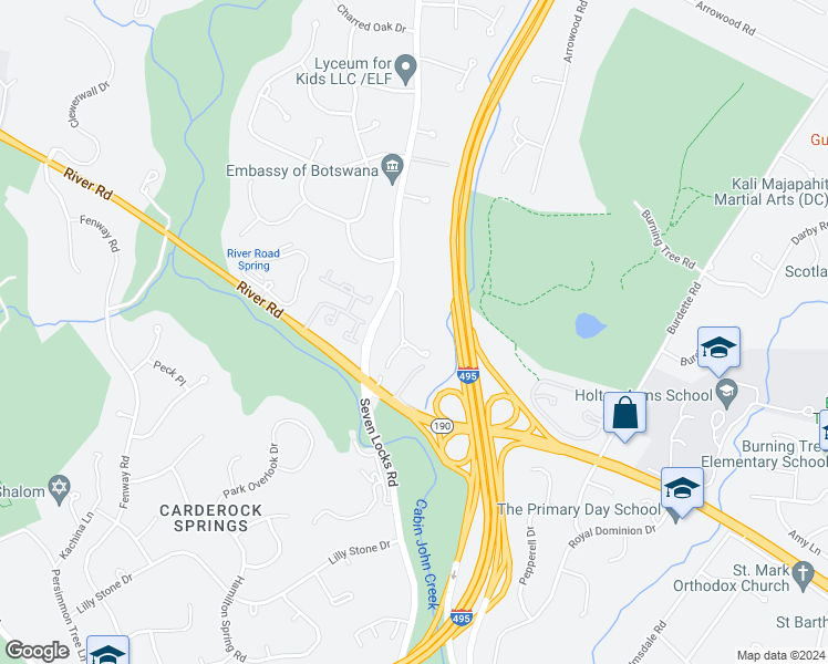 map of restaurants, bars, coffee shops, grocery stores, and more near 8401 Old Seven Locks Road in Bethesda