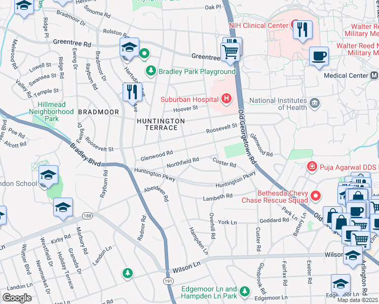 map of restaurants, bars, coffee shops, grocery stores, and more near 5520 Glenwood Road in Bethesda