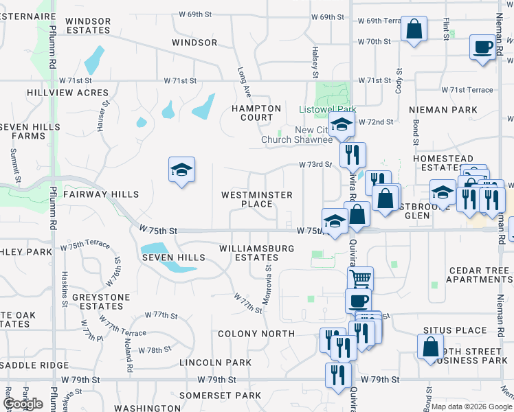 map of restaurants, bars, coffee shops, grocery stores, and more near 12320 West 74th Terrace in Shawnee