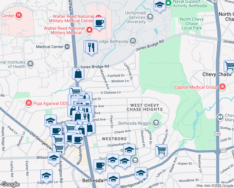 map of restaurants, bars, coffee shops, grocery stores, and more near 4548 South Chelsea Lane in Bethesda