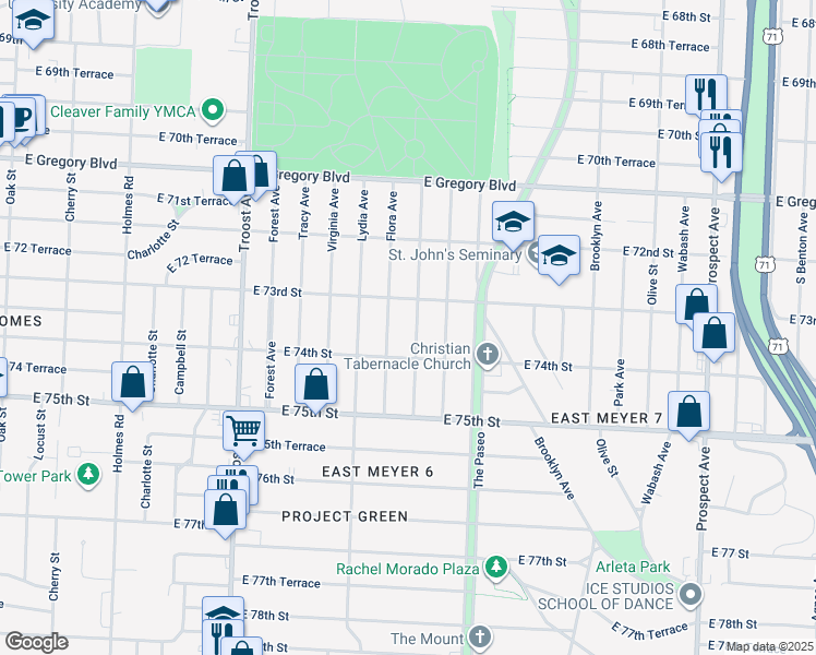 map of restaurants, bars, coffee shops, grocery stores, and more near 7322 Wayne Avenue in Kansas City