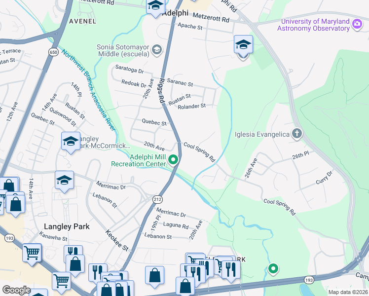 map of restaurants, bars, coffee shops, grocery stores, and more near 2301 Cool Spring Road in Adelphi